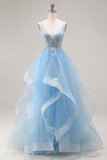 Sky Blue Organza V Neck Appliqued Ruffled Long Prom Dress