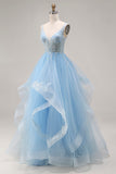 Sky Blue Organza V Neck Appliqued Ruffled Long Prom Dress