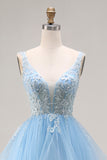 Sky Blue Organza V Neck Appliqued Ruffled Long Prom Dress