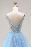 Sky Blue Organza V Neck Appliqued Ruffled Long Prom Dress