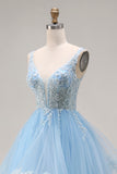 Sky Blue Organza V Neck Appliqued Ruffled Long Prom Dress