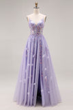 Light Purple A-Line Beaded Sequin Lace Up Back Long Prom Dress with Slit