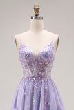 Light Purple A-Line Beaded Sequin Lace Up Back Long Prom Dress with Slit