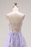Light Purple A-Line Beaded Sequin Lace Up Back Long Prom Dress with Slit