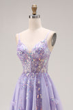 Light Purple A-Line Beaded Sequin Lace Up Back Long Prom Dress with Slit