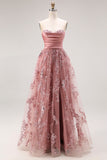 Dusty Rose Strapless A-Line Embroidered Beaded Long Prom Dress with Slit