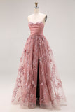 Dusty Rose Strapless A-Line Embroidered Beaded Long Prom Dress with Slit
