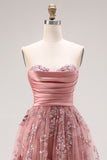 Dusty Rose Strapless A-Line Embroidered Beaded Long Prom Dress with Slit