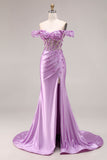 Purple Mermaid Off the Shoulder Appliqued Corset Ruched Prom Dress with Slit