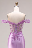 Purple Mermaid Off the Shoulder Appliqued Corset Ruched Prom Dress with Slit