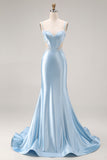 Sky Blue Mermaid Cut Out Corset Long Satin Prom Dress with Beading