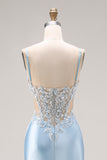Sky Blue Mermaid Cut Out Corset Long Satin Prom Dress with Beading