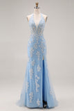 Sky Blue Halter Mermaid Beaded Corset Applique Long Prom Dress with Slit