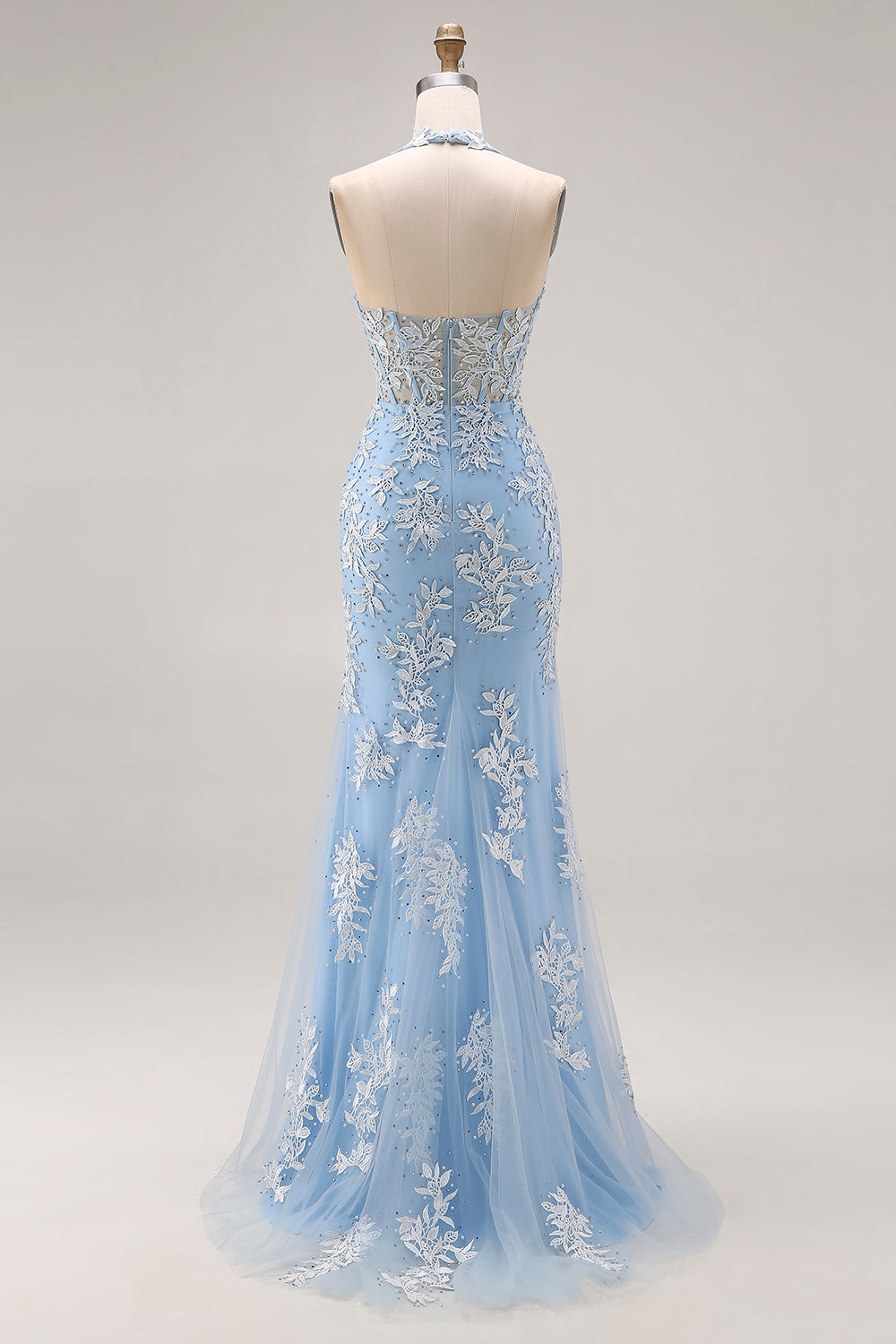ZAPAKA Women Sky Blue Long Prom Dress with Slit Mermaid Halter Corset Backless Appliqued Party Dress with Beading, Sky Blue / US22W ZAPAKA Women Sky Blue Long Prom Dress with Slit Mermaid Halter Corset Backless Appliqued Party Dress with Beading, Sky Blue / US22W