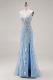 Sky Blue Halter Mermaid Beaded Corset Applique Long Prom Dress with Slit