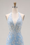 Sky Blue Halter Mermaid Beaded Corset Applique Long Prom Dress with Slit