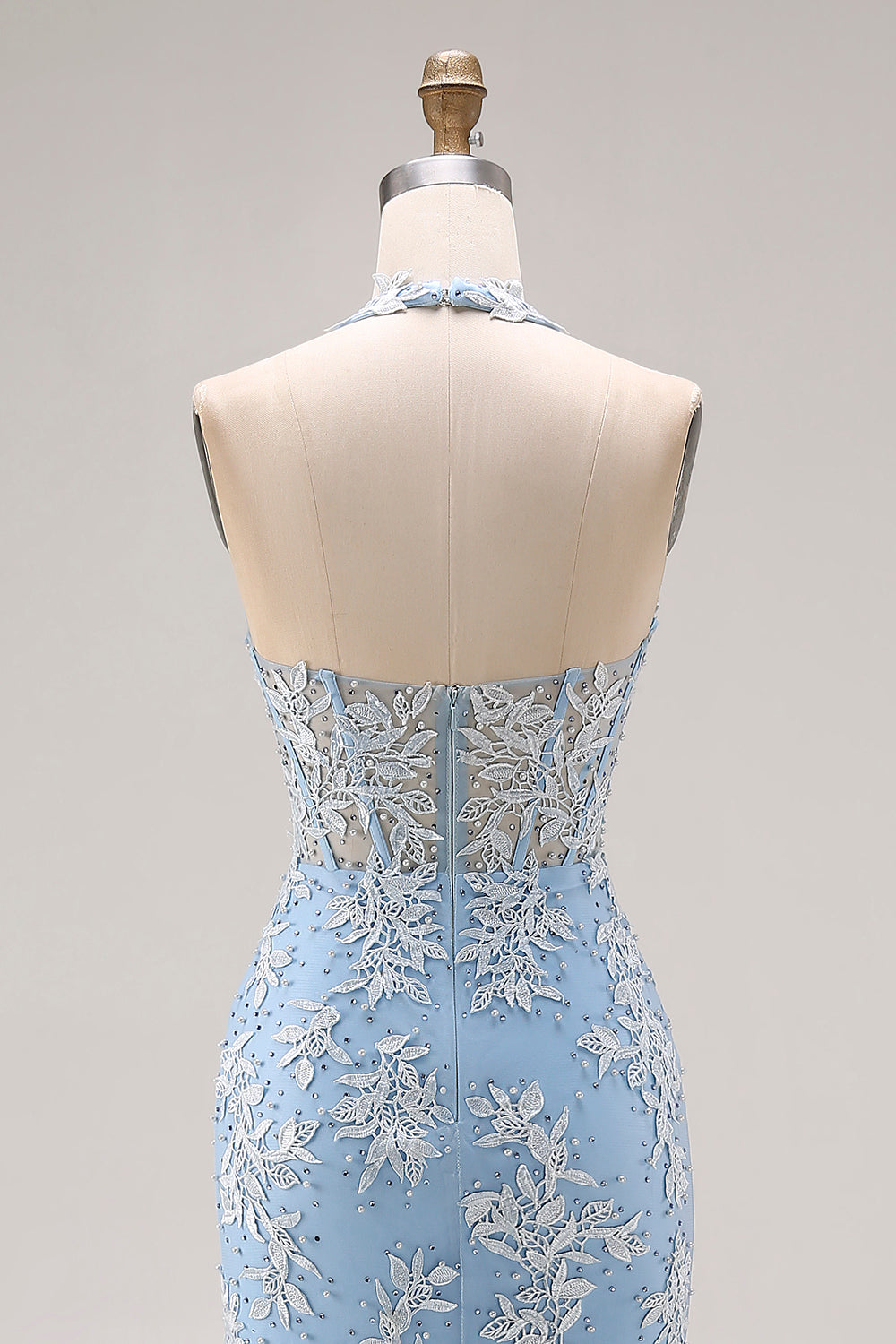 ZAPAKA Women Sky Blue Long Prom Dress with Slit Mermaid Halter Corset Backless Appliqued Party Dress with Beading, Sky Blue / US22W ZAPAKA Women Sky Blue Long Prom Dress with Slit Mermaid Halter Corset Backless Appliqued Party Dress with Beading, Sky Blue / US22W