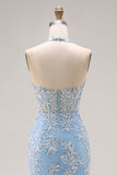 Sky Blue Halter Mermaid Beaded Corset Applique Long Prom Dress with Slit