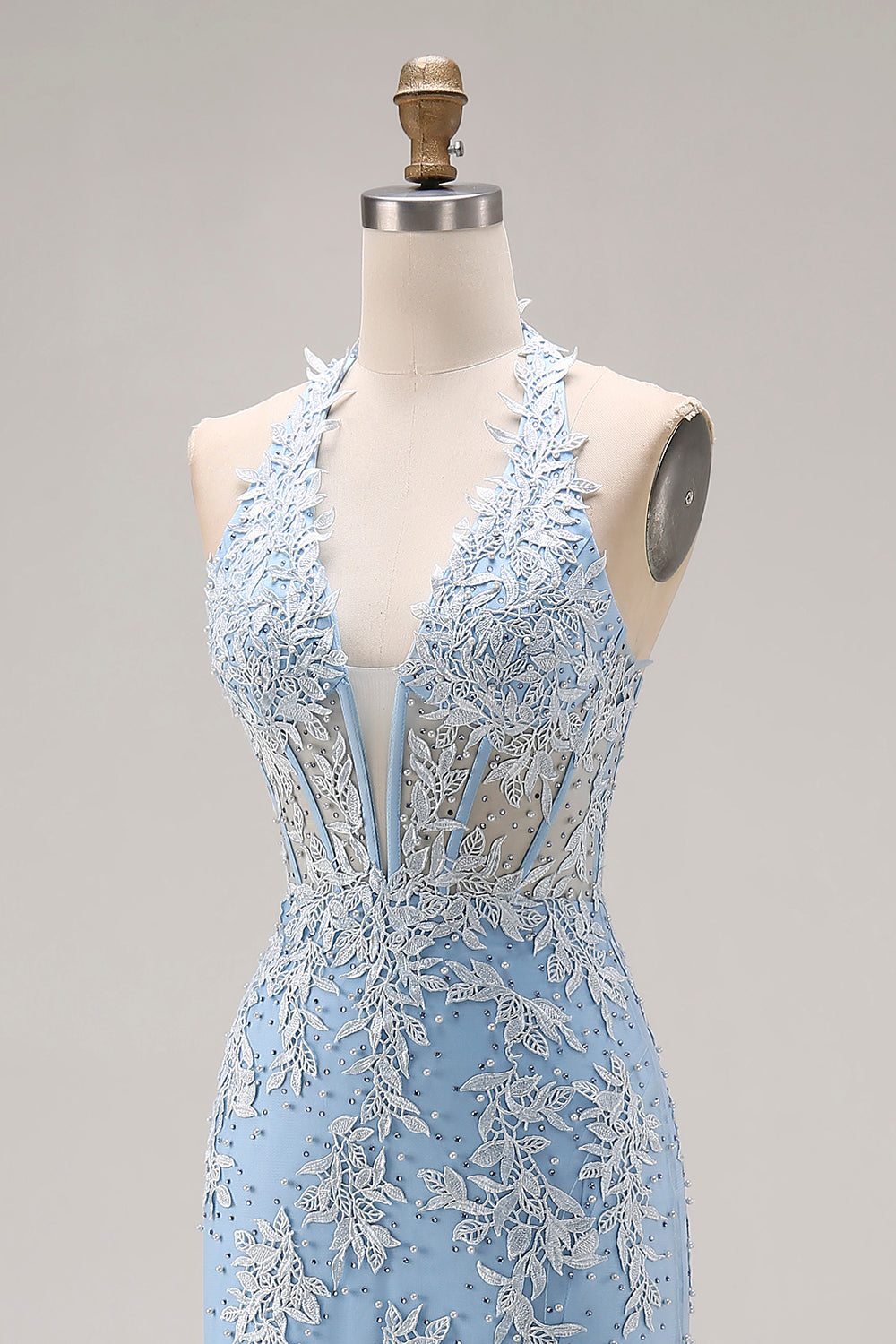 ZAPAKA Women Sky Blue Long Prom Dress with Slit Mermaid Halter Corset Backless Appliqued Party Dress with Beading ZAPAKA Women Sky Blue Long Prom Dress with Slit Mermaid Halter Corset Backless Appliqued Party Dress with Beading