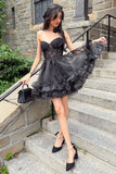 Cute Black A Line Corset Strapless Ruffled Short Homecoming Dress
