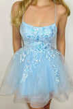 Cute Glitter Blue A Line Sequins Short Homecoming Dress with Appliques