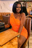 Sequins One-Shoulder Orange Tight Beading Short Homecoming Dress