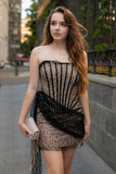 Sparkly Black Strapless Sequin Short Prom Dress with Streamer