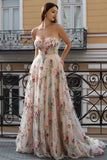 A-Line Sweetheart Sheer Corset Embroidered Maxi Floral Dress with Lace Up Back