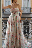 A-Line Sweetheart Sheer Corset Embroidered Maxi Floral Dress with Lace Up Back
