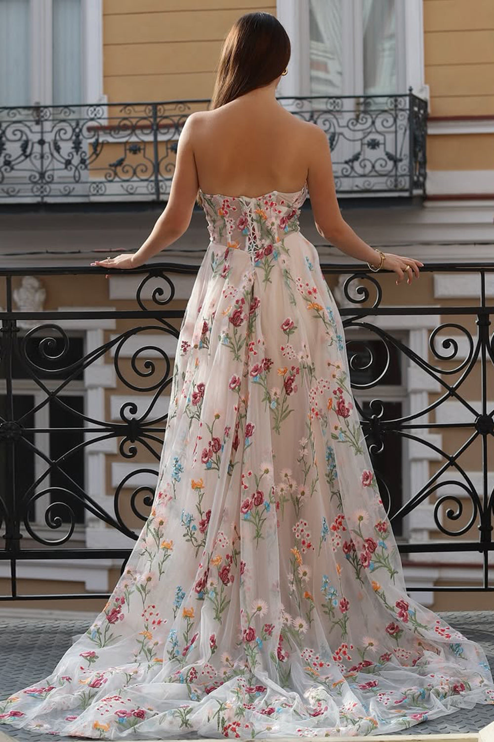 A-Line Sweetheart Sheer Corset Embroidered Maxi Floral Dress with Lace Up Back A-Line Sweetheart Sheer Corset Embroidered Maxi Floral Dress with Lace Up Back