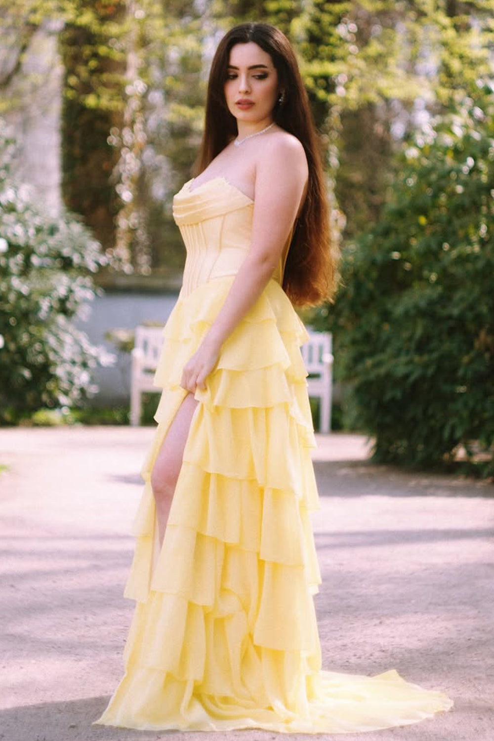 Yellow A Line Strapless Basque Waist Long Prom Dress with Tiered Ruffled Slit Skirt