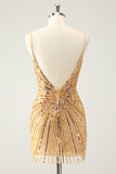 Golden Tight Spaghetti Straps Homecoming Dress with Sequins