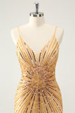 Golden Tight Spaghetti Straps Homecoming Dress with Sequins