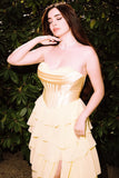 Yellow A Line Strapless Basque Waist Long Prom Dress with Tiered Ruffled Slit Skirt