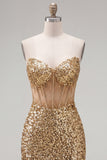 Sparkly Golden Bodycon Sweetheart Sheer Corset Sequins Homecoming Dress