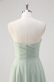 Matcha A Line Strapless Ruched Chiffon Long Bridesmaid Dress