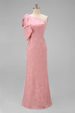 Blush Pink One Shoulder Floral Mermaid Long Bridesmaid Dress with Bow