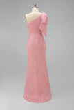 Blush Pink One Shoulder Floral Mermaid Long Bridesmaid Dress with Bow