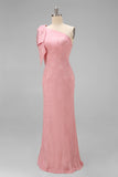 Blush Pink One Shoulder Floral Mermaid Long Bridesmaid Dress with Bow