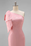 Blush Pink One Shoulder Floral Mermaid Long Bridesmaid Dress with Bow