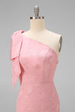 Blush Pink One Shoulder Floral Mermaid Long Bridesmaid Dress with Bow