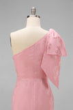 Blush Pink One Shoulder Floral Mermaid Long Bridesmaid Dress with Bow