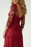 Sparkly Burgundy Lace V Neck A Line Mother of the Bride Dress with Sleeve