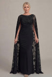 Black Lace Sheath Boat Neck Mother of the Bride Dress with Cloak