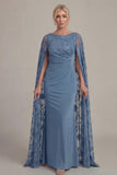Black Lace Sheath Boat Neck Mother of the Bride Dress with Cloak