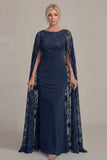 Black Lace Sheath Boat Neck Mother of the Bride Dress with Cloak