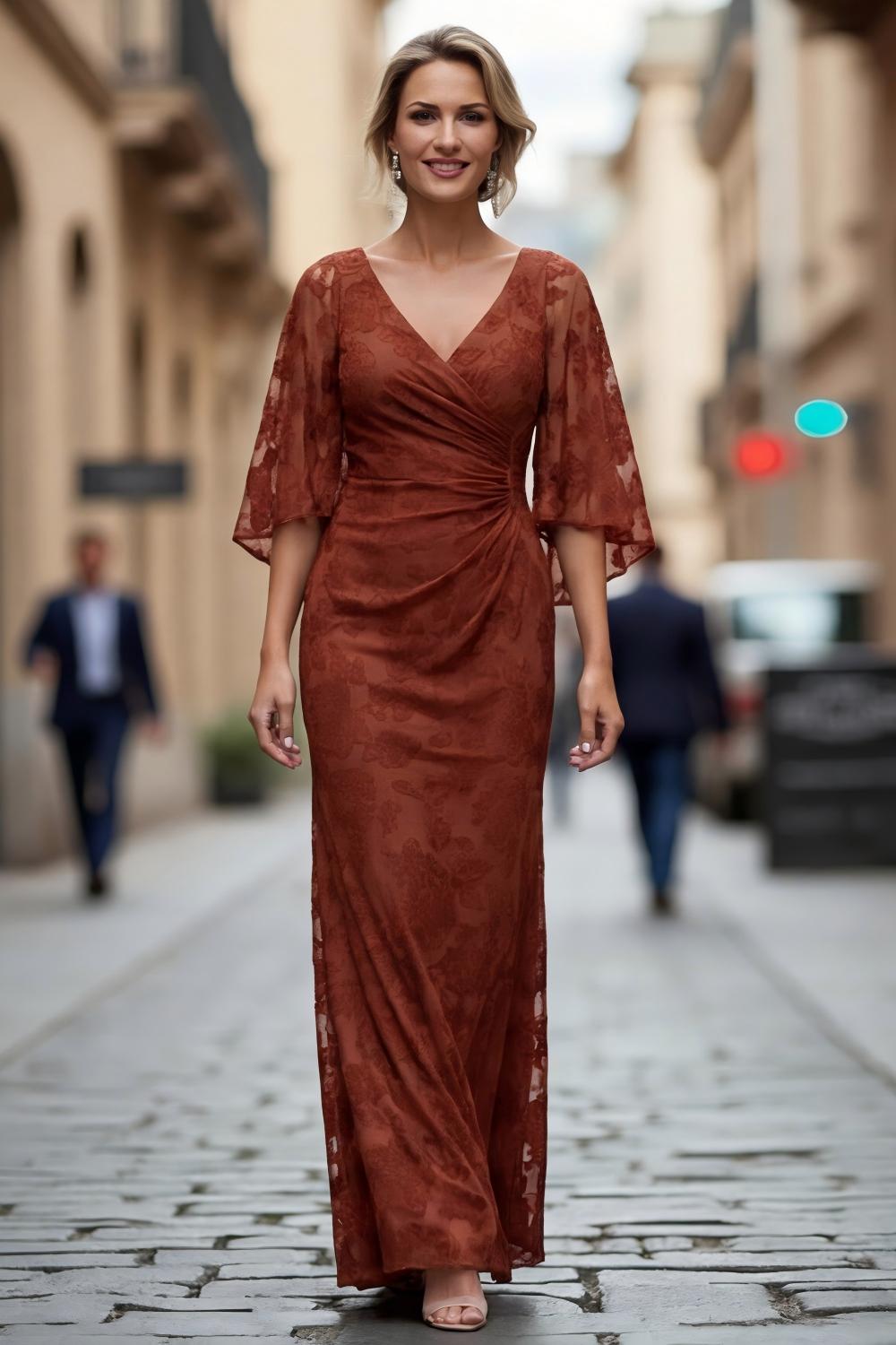 Zapaka Women Lace Rust Mother of the Bride Dress with Half Sleeve V ...