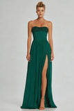Dark Green A Line Strapless Long Chiffon Dress with Slit