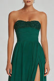 Dark Green A Line Strapless Long Chiffon Dress with Slit