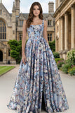 Blue Corset A Line Printed Square Neck Long Floral Dress with Slit